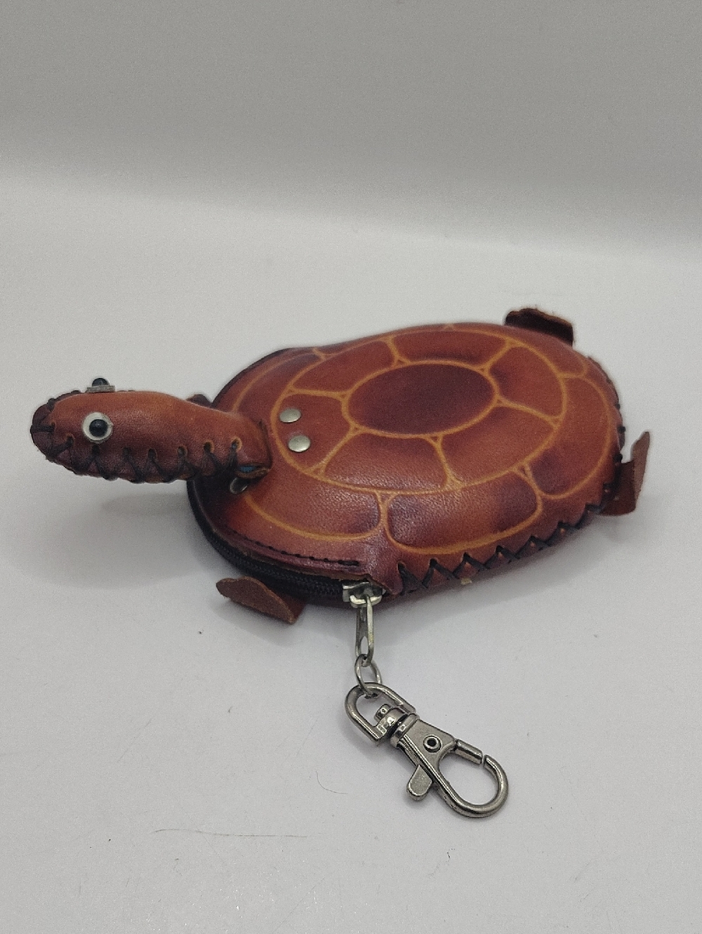 Vintage Leather Turtle Coin Purse Keychain - Brown 6"